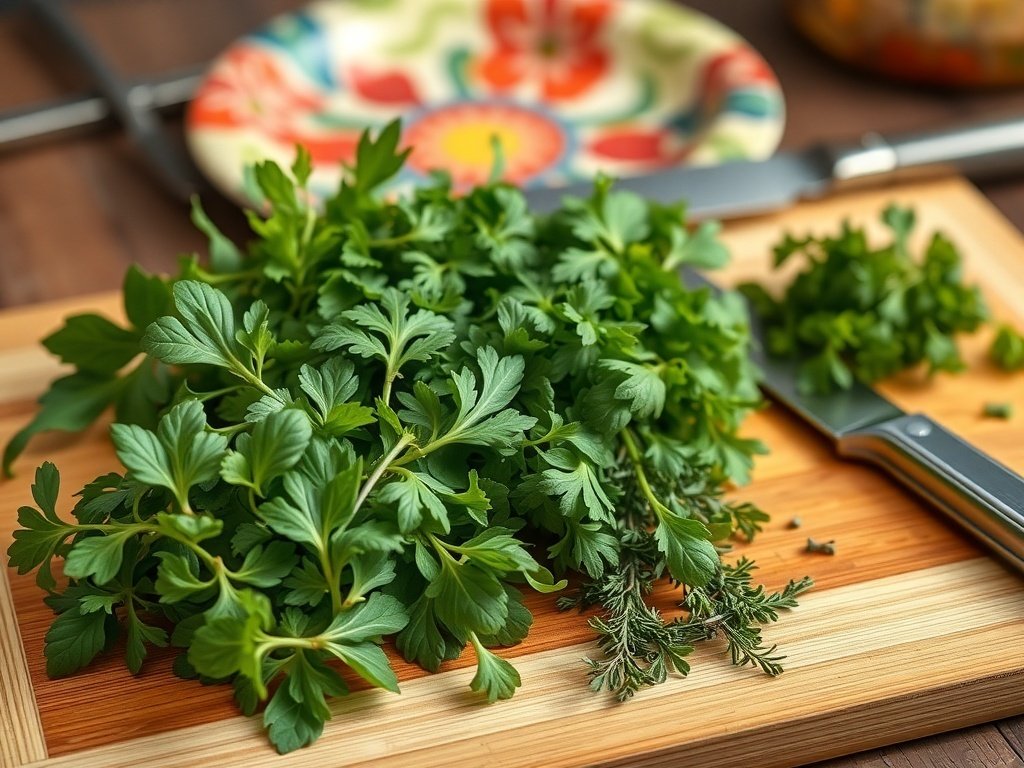 Fresh herbs on a wooden cutting board with a knife.