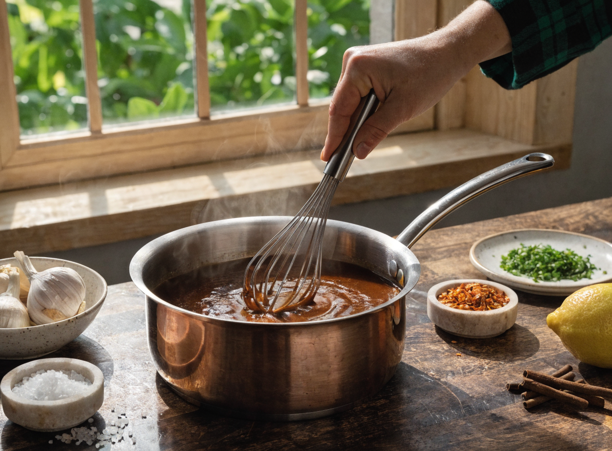 A saucepan with a whisk mixing a rich sauce, surrounded by garlic and spices.