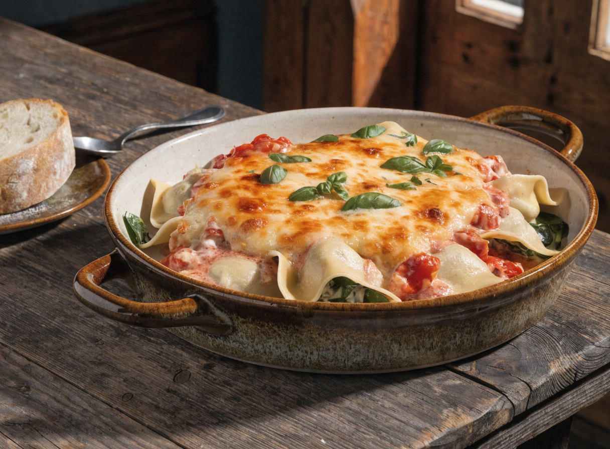Creamy Tuscan Ravioli Bake Recipe Creamy Tuscan ravioli bake with bubbling cheese, tomato sauce, and spinach on a rustic table.